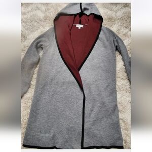 Womens Neiman Marcus Gray Burgundy Hooded Long Duster Cardigan Sweater Small